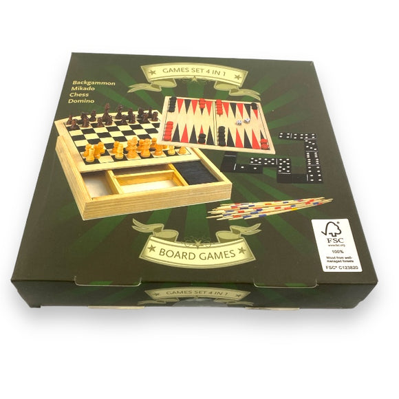 Holzspielbox Backgammon Schach Mikado und Domino 4 in 1